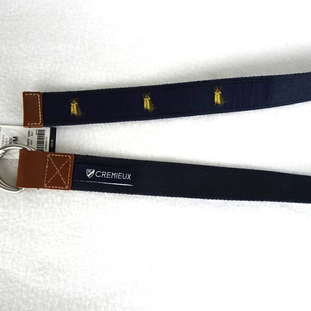Cremieux Belt Men's Size S Blue Cloth Embroidered Dog Adjustable D Ring Preppy